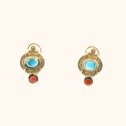 Vintage 14K Yellow Gold Blue Topaz & Garnet Earrings