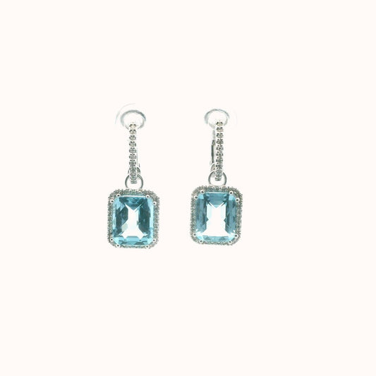 14K White Gold Diamond & Blue Topaz Drop Earrings