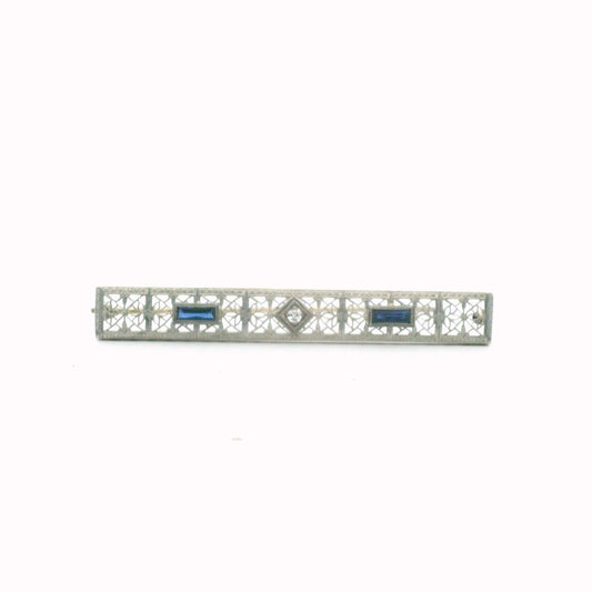 Edwardian 14K White Gold Platinum Diamond & Lab Created Sapphire Brooch