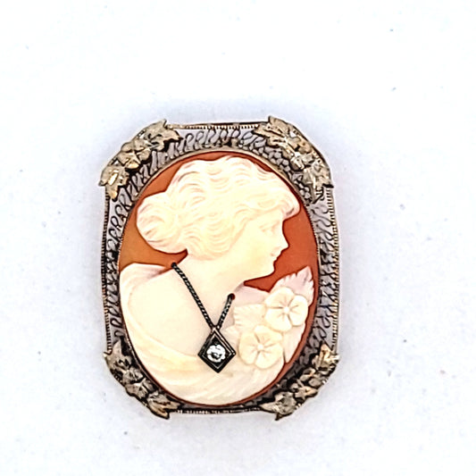 Antique 14K White Gold Carved Shell Cameo Diamond Brooch