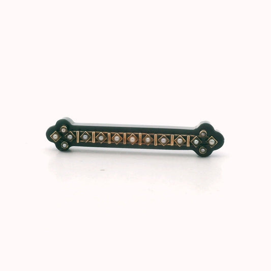 Victorian 10K Yellow Gold Onyx & Seed Pearl Bar Brooch