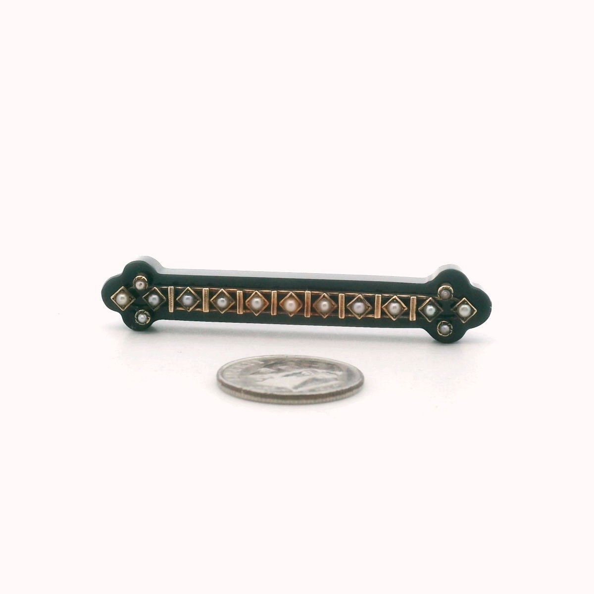 Victorian 10K Yellow Gold Onyx & Seed Pearl Bar Brooch