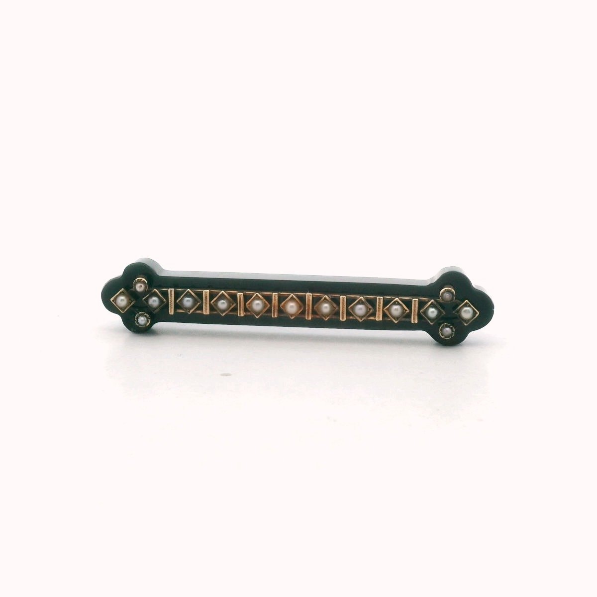 Victorian 10K Yellow Gold Onyx & Seed Pearl Bar Brooch