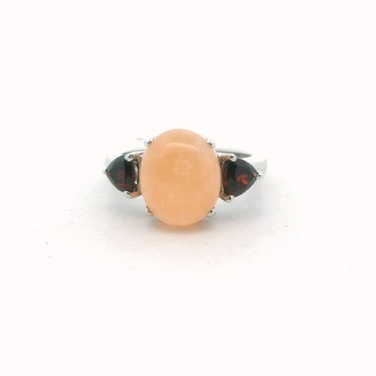 Sterling Silver Peach Jade & Garnet Ring