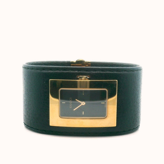 Gucci 7800L Stainless Steel Black Leather Cuff Quartz Watch AS IS