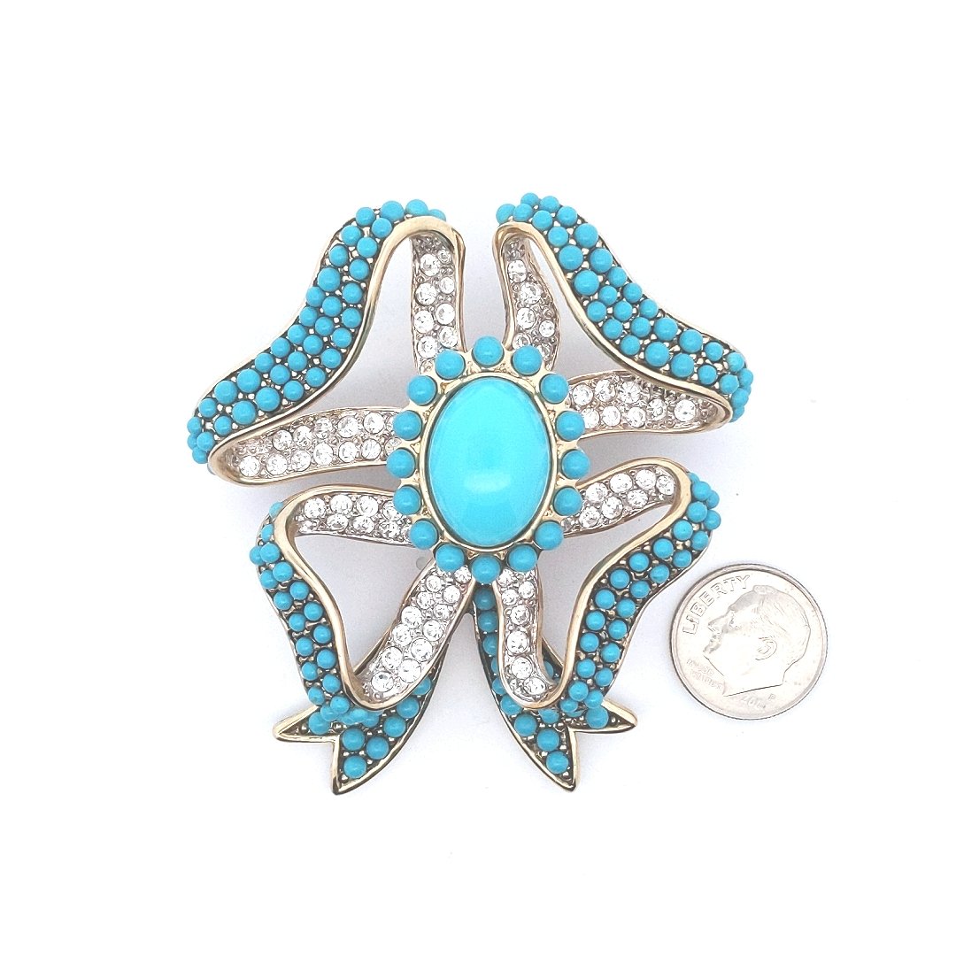 Vintage $200 Kenneth Jay Lane Turquoise Glass Rhinestone Bow Pin