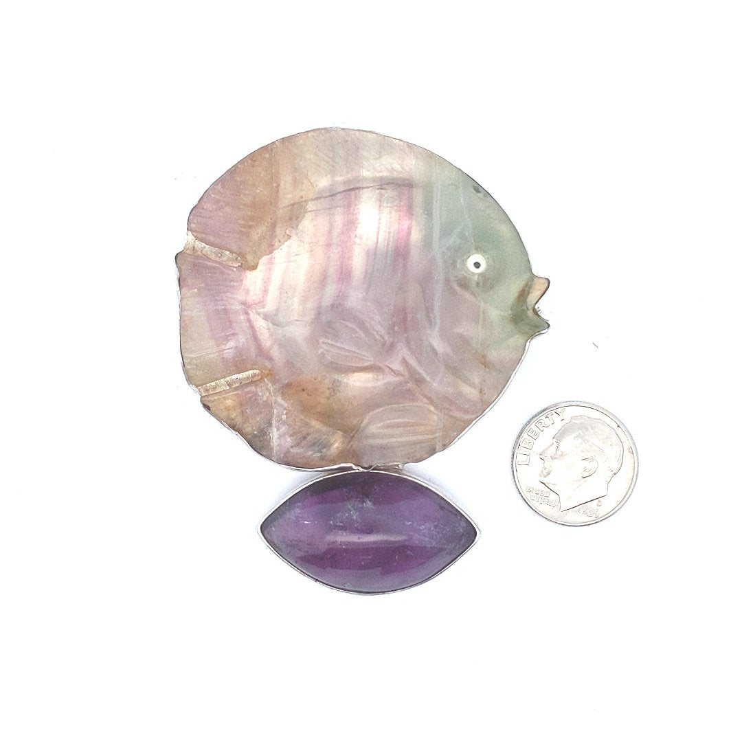 Designer Sterling AKR Fluorite Fish Brooch