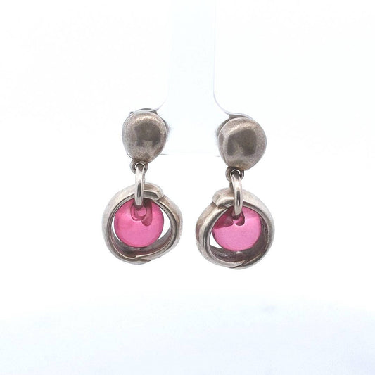 Uno de 50 Sterling Silver Pink Bead Circle Dangle Earrings