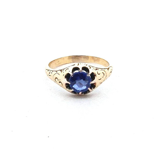 Victorian 14K Yellow Gold Claw Set Blue Garnet & Glass Doublet Belcher Ring