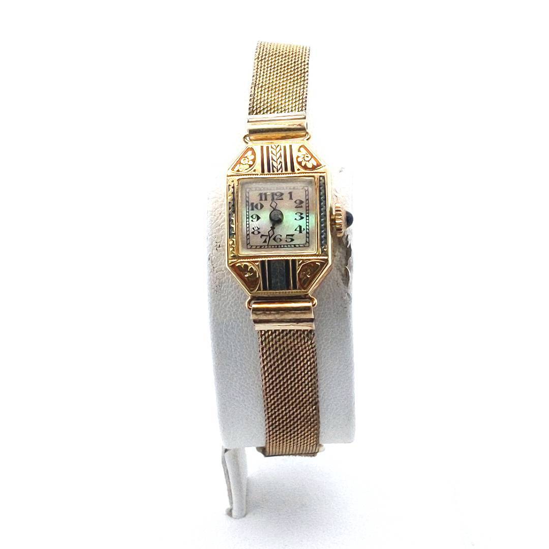 Antique 18K Yellow Gold Manual Wind Enamel Watch With Gold Filled Band