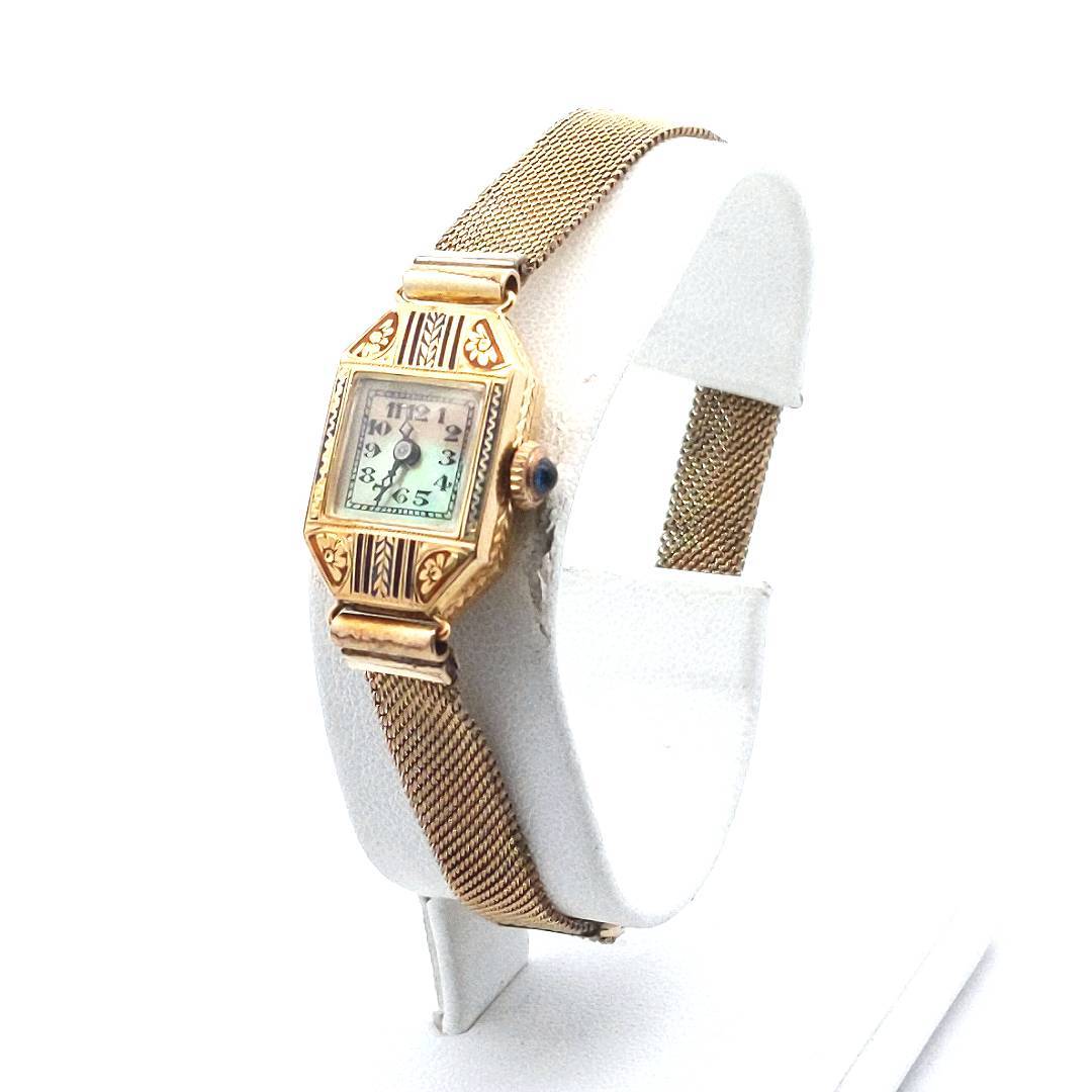 Antique 18K Yellow Gold Manual Wind Enamel Watch With Gold Filled Band