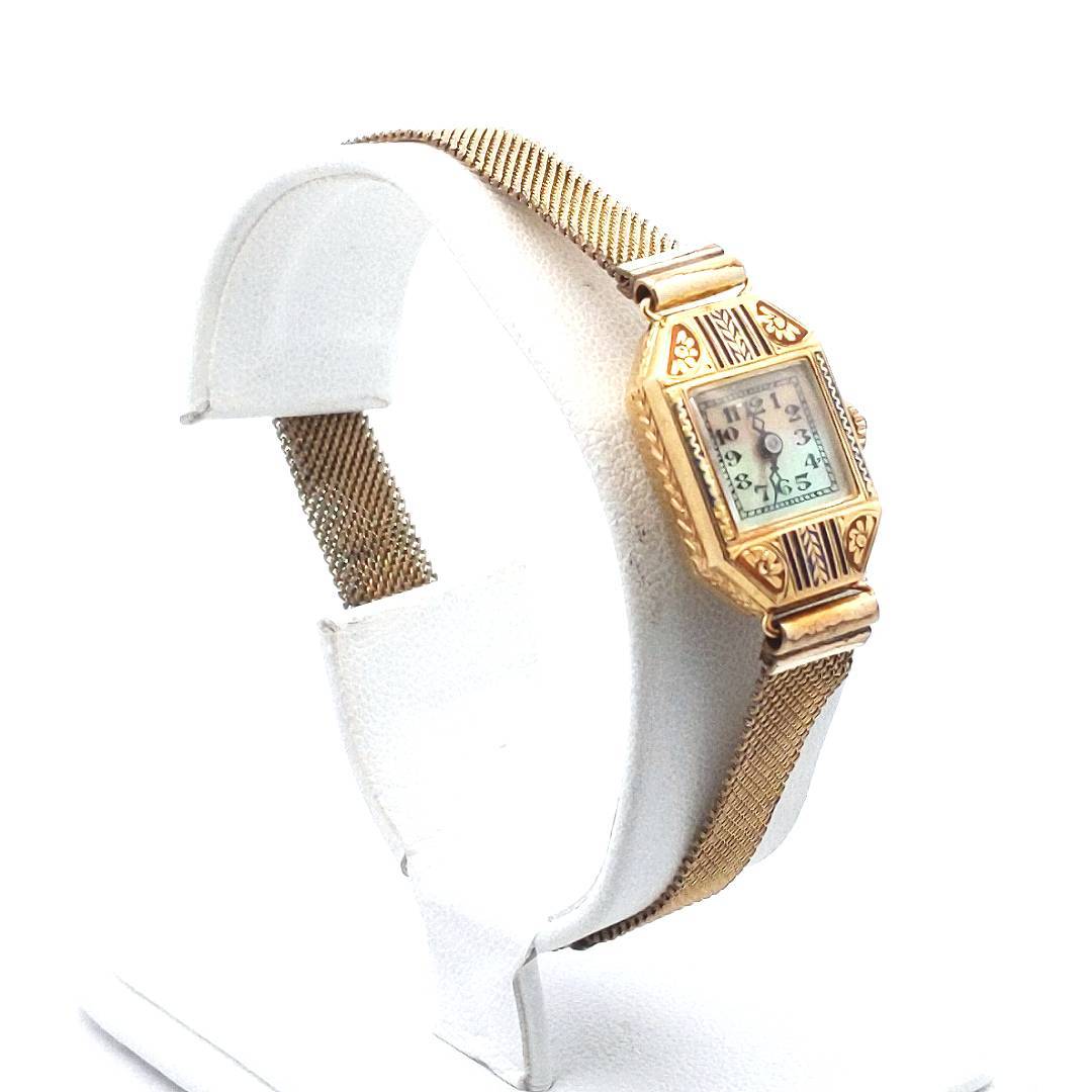 Antique 18K Yellow Gold Manual Wind Enamel Watch With Gold Filled Band