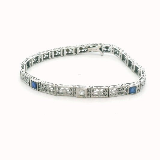 Antique 14K White Gold Diamond & Lab Created Sapphire Filigree Bracelet
