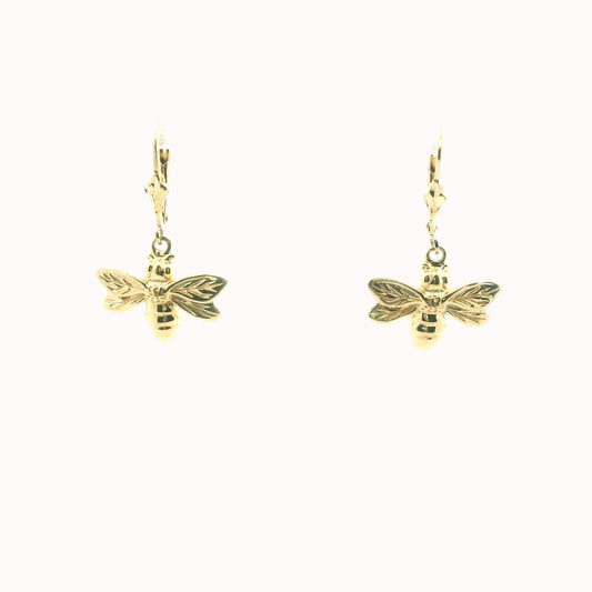 14K Yellow Gold Bee Dangle Earrings