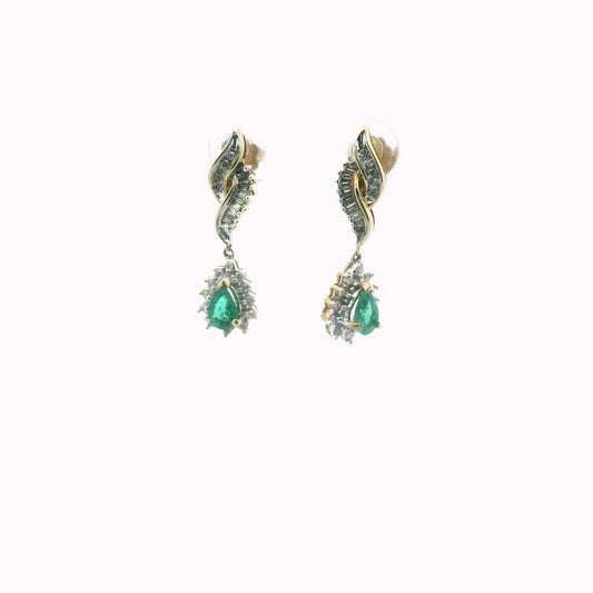Vintage 10K Yellow Gold Diamond & Emerald Drop Earrings