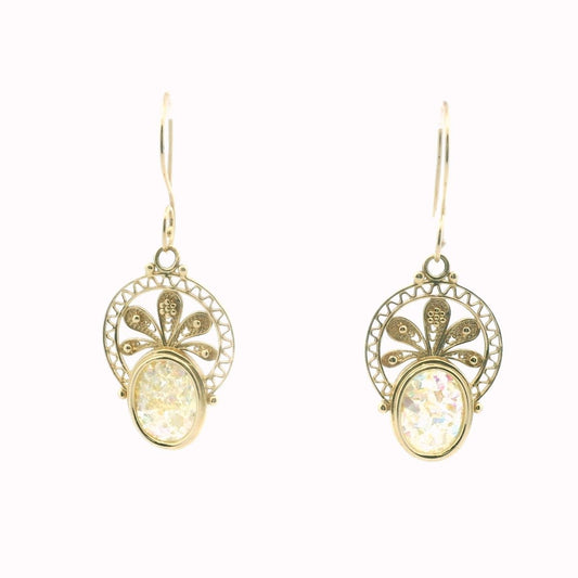 14k Yellow Gold Roman Glass Wirework Filigree Drop Earrings