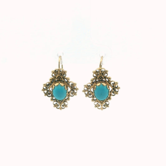 Vintage 14K Yellow Gold Turquoise Wirework Earrings