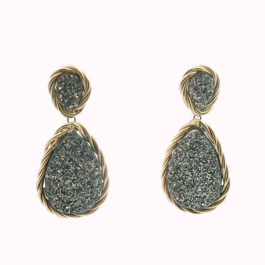 14K Yellow Gold Druzy Quartz Drop Earrings