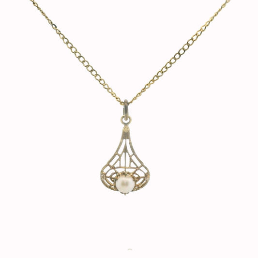 Antique 10K Yellow Gold Pearl Lavalier Milgrain Necklace