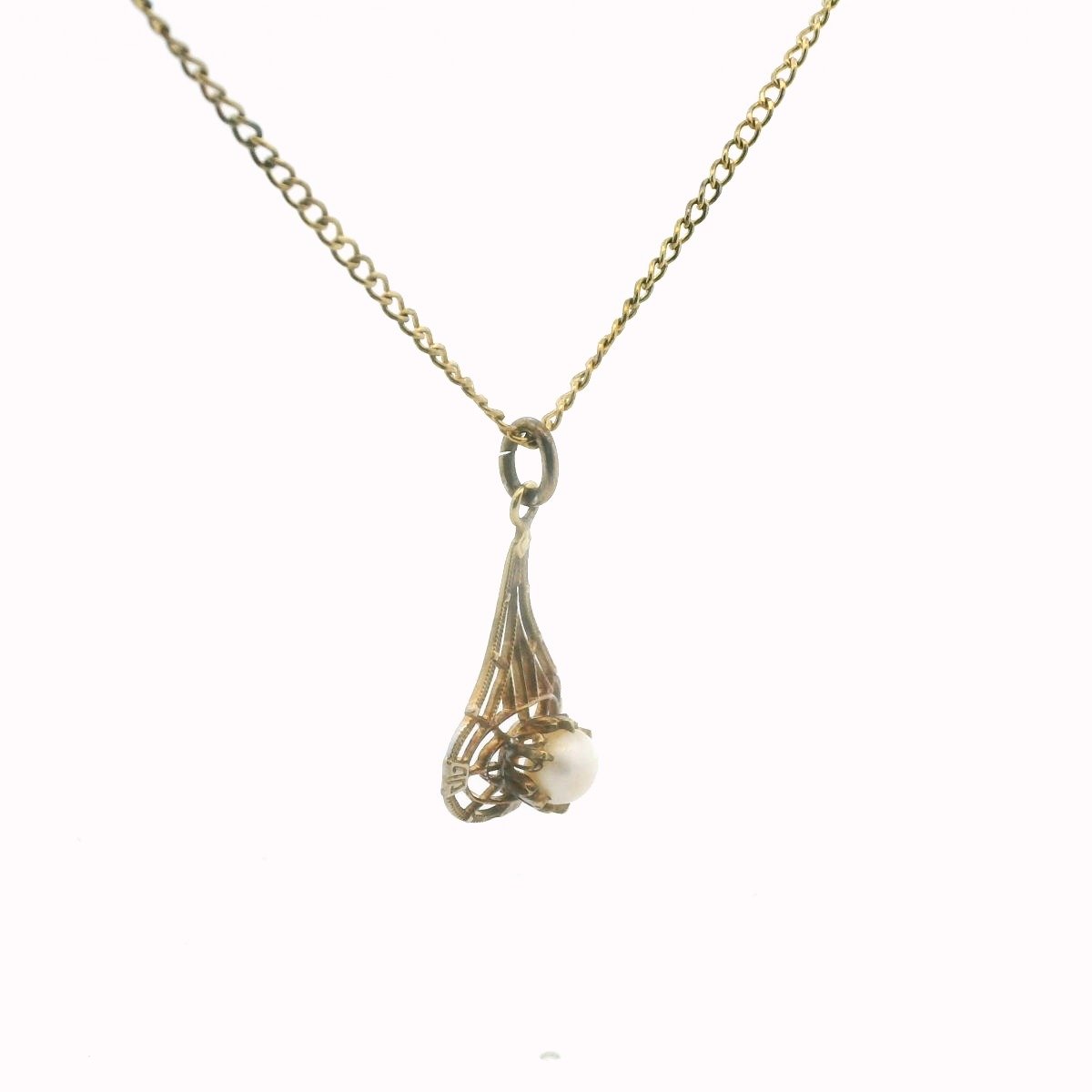 Antique 10K Yellow Gold Pearl Lavalier Milgrain Necklace