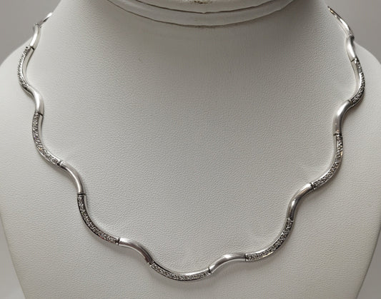 14K White Gold Satin Finish Diamond Wave Design Necklace