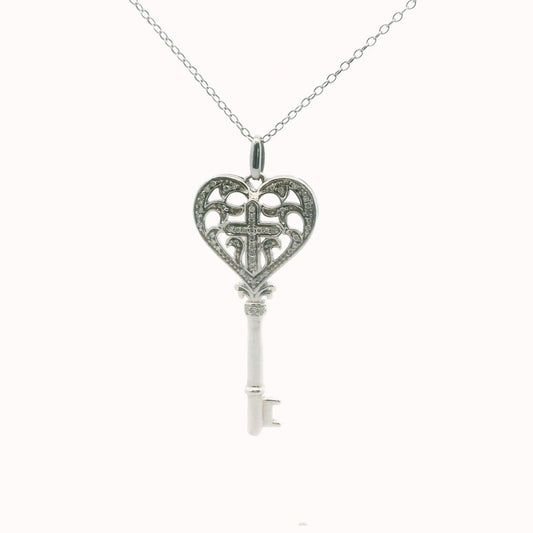 Sterling Silver Diamond Heart Cross Key Necklace