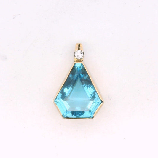 Vintage 14K Yellow Gold Diamond & Kite Shape Blue Topaz Pendant