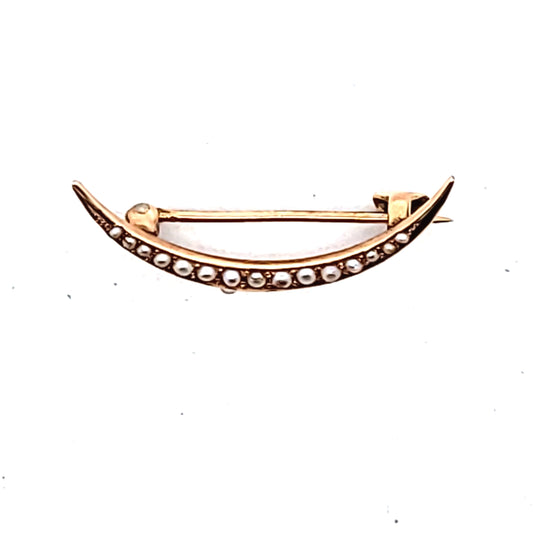 Antique 10K Yellow Gold Crescent Seed Pearl Brooch