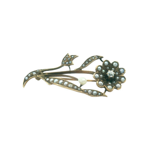 Antique 10K Yellow Gold Diamond & Seed Pearl Flower Brooch
