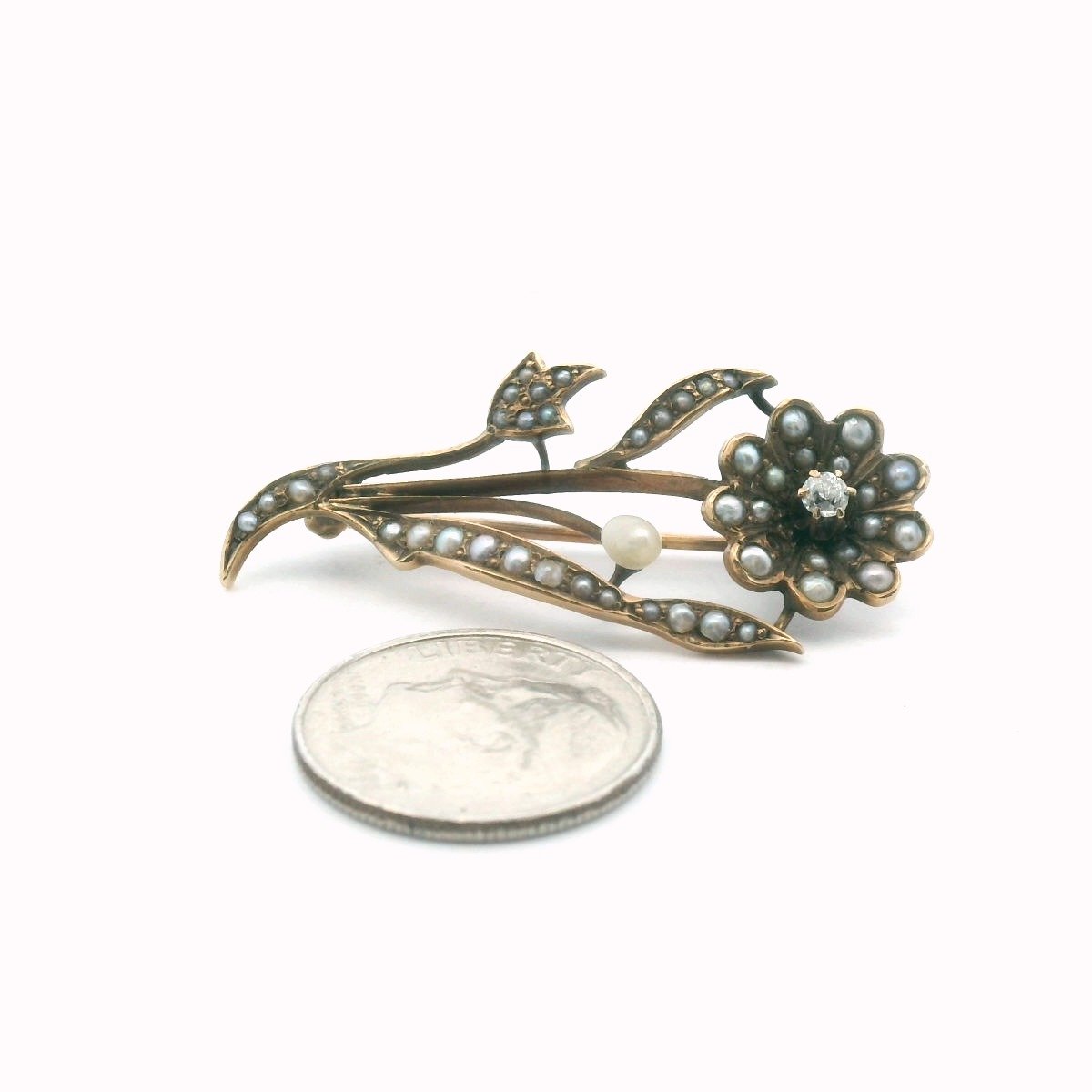 Antique 10K Yellow Gold Diamond & Seed Pearl Flower Brooch