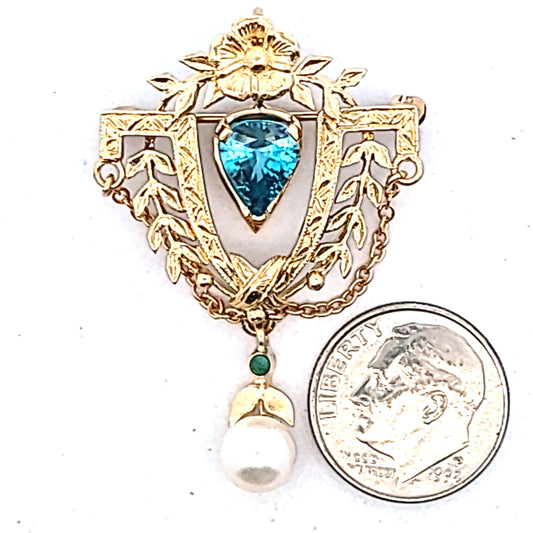 Vintage 14K Yellow Gold Blue Zircon & Pearl Brooch Pendant