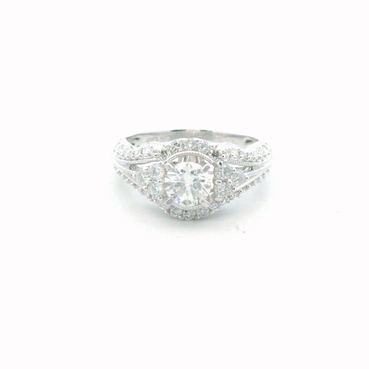 14K White Gold Diamond Engagement Milgrain Accent Ring