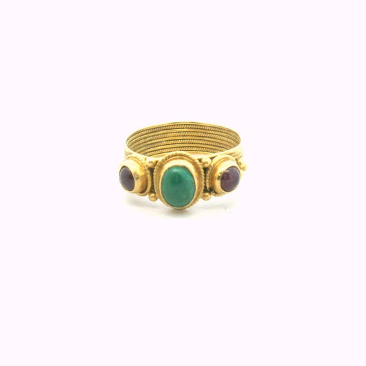 La Lounis 18K Yellow Gold Emerald & Ruby Byzantine Style Ring