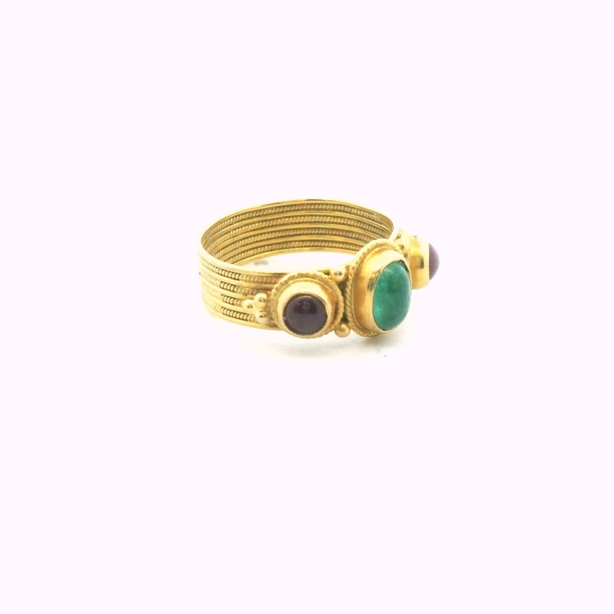 La Lounis 18K Yellow Gold Emerald & Ruby Byzantine Style Ring
