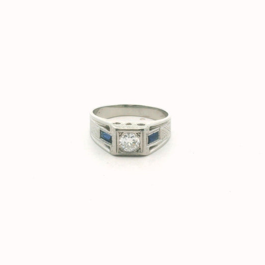 Antique 18K White Gold Art Deco Diamond & Lab Created Sapphire Ring