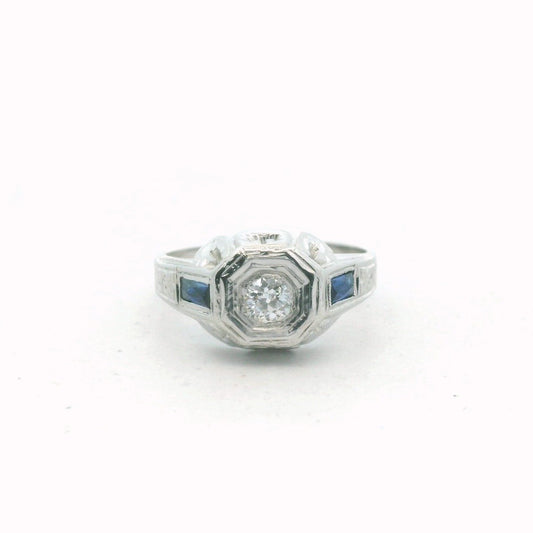 Art Deco 18K White Gold Natural Diamond & Lab Created Sapphire Ring