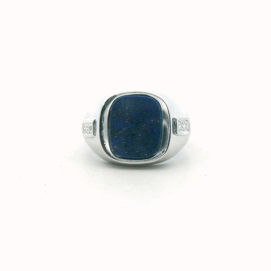 14K White Gold Mens Diamond Lapis Lazuli Ring