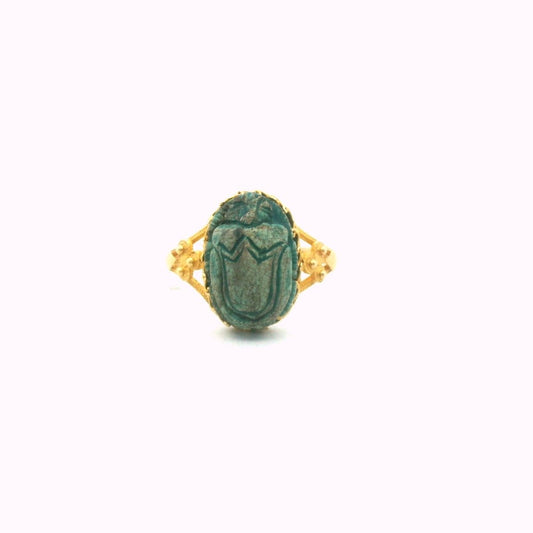 Victorian Etruscan Revival 18K Yellow Gold Faience Scarab Ring