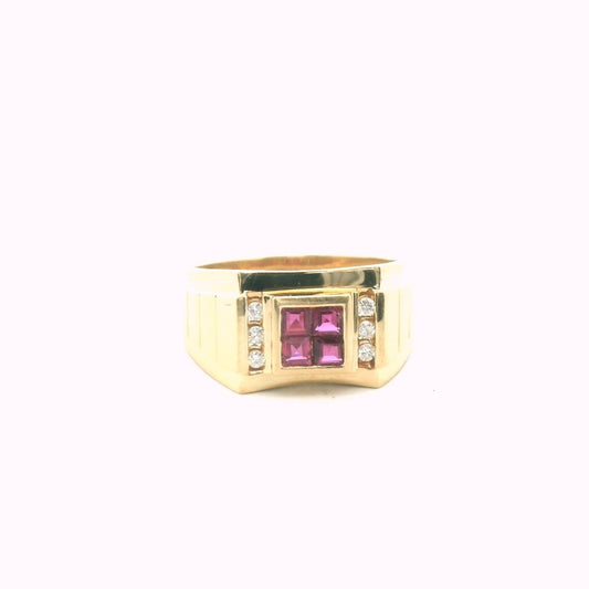 Vintage 14K Yellow Gold Mens Diamond & Ruby Ring