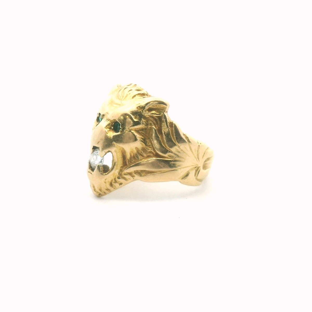 Antique 18K Yellow Gold Diamond & Emerald Lion Ring