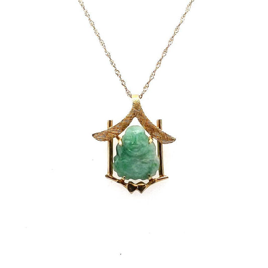 Vintage 14K Yellow Gold Jadeite Buddah Pendant Necklace