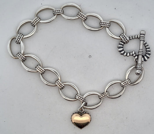 Lagos Caviar Sterling Silver & 18K Gold Toggle Heart Charm Bracelet