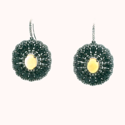 MLD Rhodium Plated Sterling Black Spinel Opal & Zircon Earrings