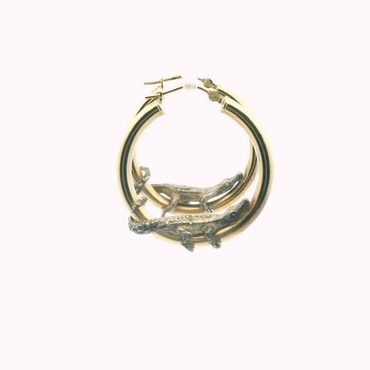 14K Yellow Gold & Sterling Silver Alligator Hoop Earrings