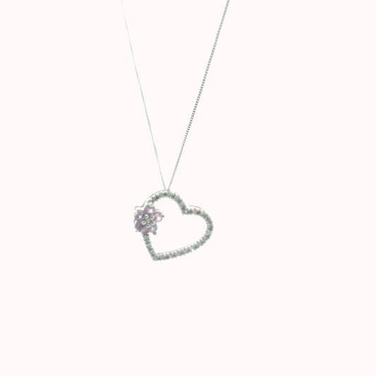 14K White Gold Diamond & Pink Sapphire Heart & Flower Necklace