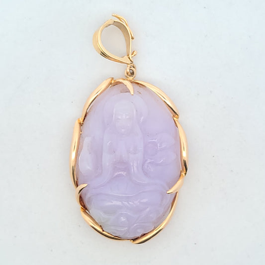 Vintage 14K Yellow Gold Carved Lavendar Jade Buddah Pendant