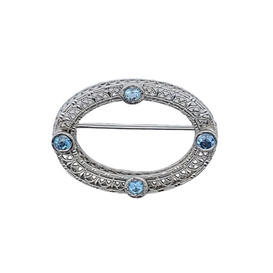 Antique Edwardian 14K White Gold Aquamarine Filigree Brooch
