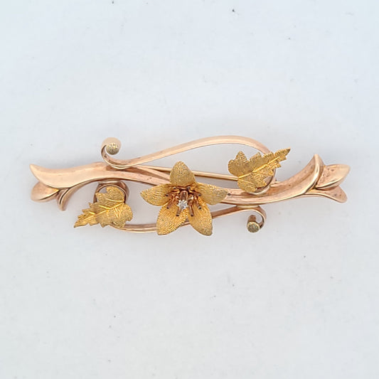 10K Yellow Gold Rose Cut Diamond Floral Brooch