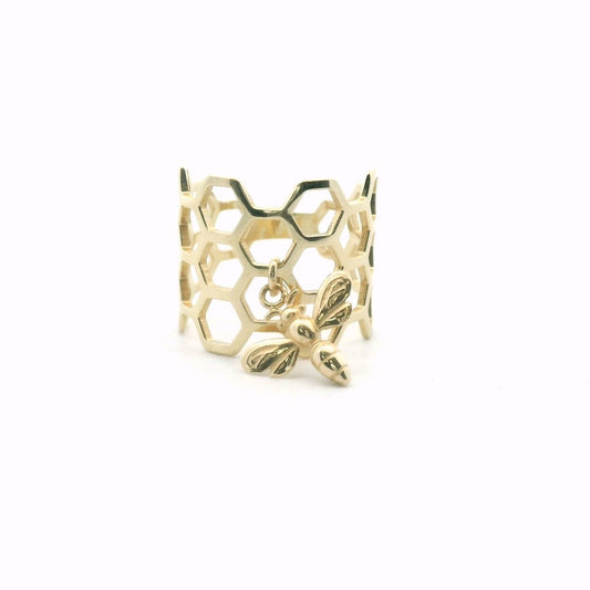10K Yellow Gold Honey Comb & Bee Charm Ring