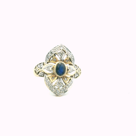 14K Two Tone Gold Diamond & Sapphire Plaque Ring